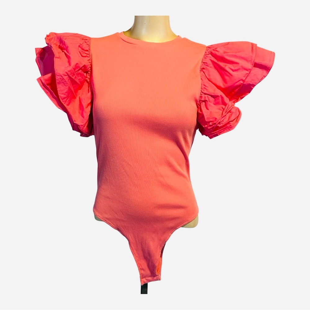 Anniewear Candy Pink Ruffle Sleeve Ribbed Bodysuit Size XL